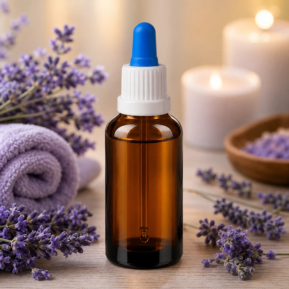 Frasco pipeta 30ml blanco/azul cierre inviolable BrownLine UT18/30 Frasco pipeta de 30 ml de alta calidad de vidrio marrón con tapón blanco para aromaterapia