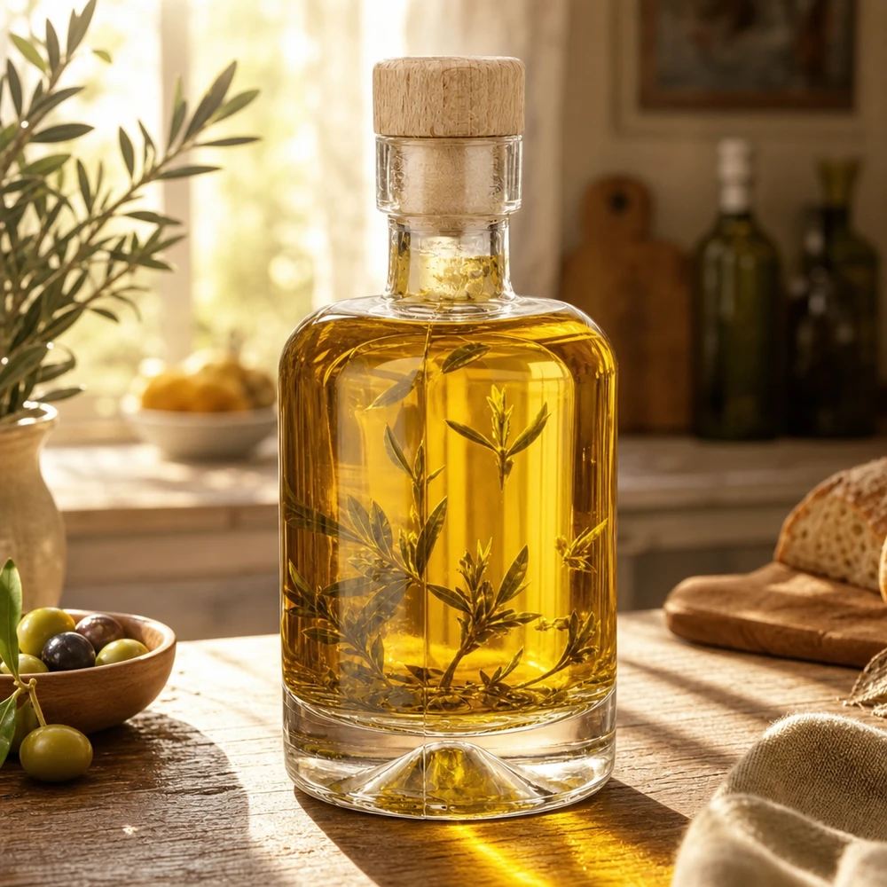 Botella de vidrio de 50 ml «Amelie» con tapón de corcho con asa de madera UNiTWIST Botella de cristal de 50 ml de Amelie rellena de aceite de oliva y hierbas escenificada en una cocina mediterránea con aceitunas y pan
