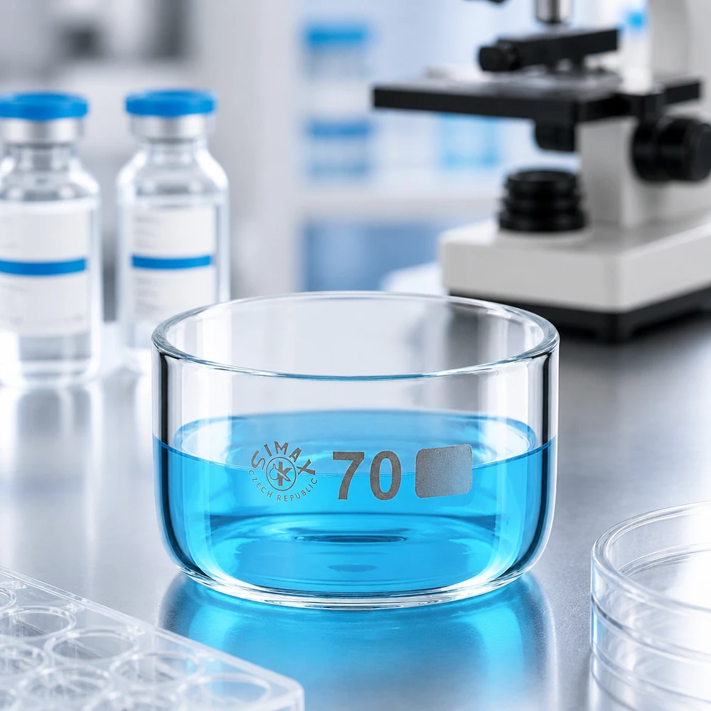 Cristalizador 100ml sin pico borosilicato ø70mm Bandeja de cristalización Simax de 100 ml llena de líquido azul, situada entre unos frascos de laboratorio y un microscopio