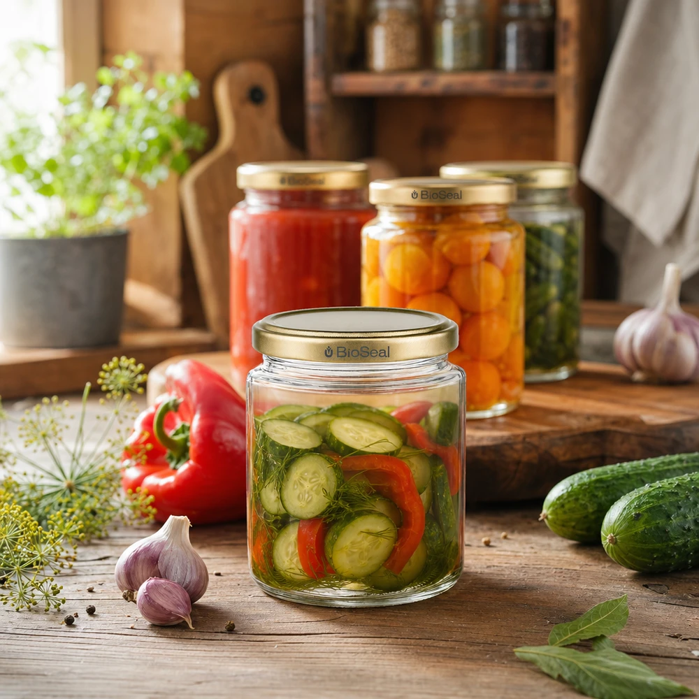 Tarro de miel BioSeal 250ml como tarro de conserva para pepinos encurtidos y verduras, versátil tapa dorada UNiTWIST