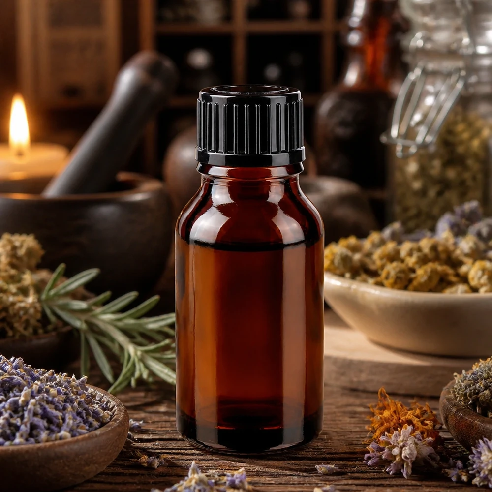 Pequeña botella de cristal marrón de 15 ml con tapón de rosca negro, rodeada de hierbas medicinales secas