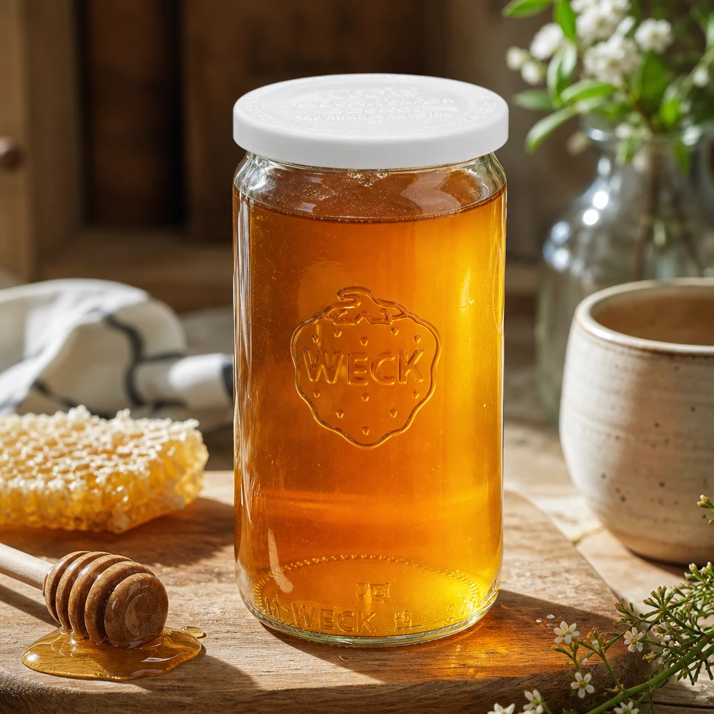Tarro cilíndrico WECK de 340 ml lleno de miel y tapa blanca de frescor RR60 sobre mesa de madera con cuchara para miel