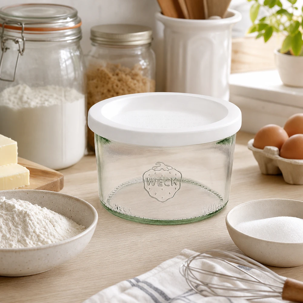 Vaso de 200ml con tapa de frescura WECK RR80 WECK Sturzglas 200ml RR80 in ästhetischer Küche mit Backzutaten Mehl Eiern und Vorratsgläsern zum Backen