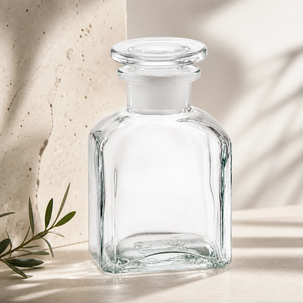 Frasco cuadrado 150ml transparente cuello ancho tapón de cristal Botella cuadrada de 150 ml, de cuello ancho, transparente, con tapón de cristal mate, para decoración y conservación
