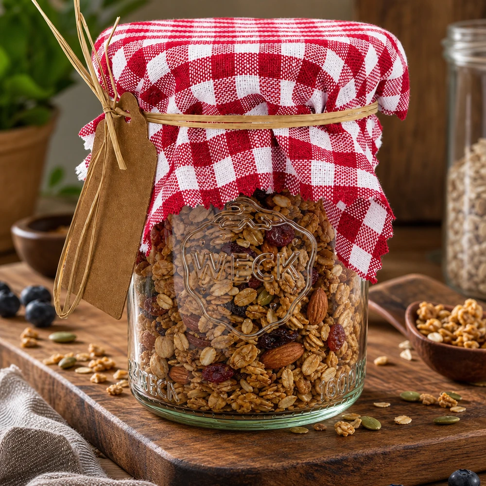 Alfombra de joyería de tela a cuadros burdeos 12cm cuadrado Bordeaux-kariertes Schmuckdeckchen 12cm auf Weckglas mit Müsli-Mix als dekorative Geschenkverpackung