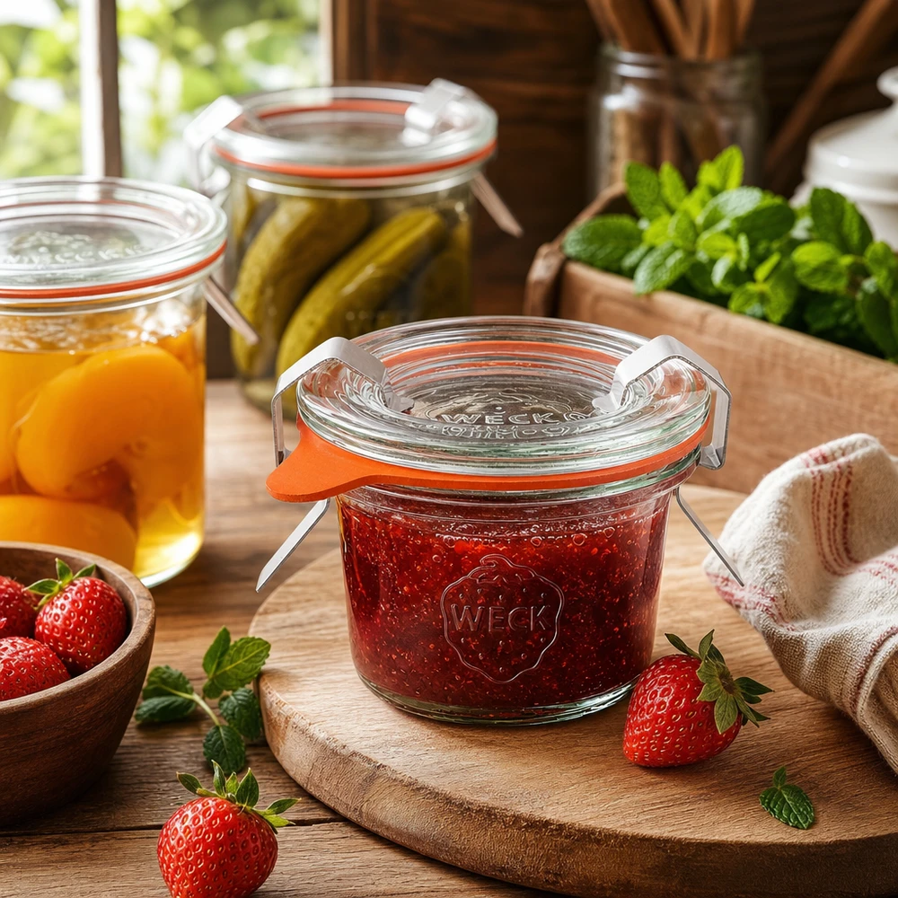Vaso de 35ml completo WECK RR40 Tarro WECK 35ml RR40 en la cocina lleno de mermelada junto a fresas frescas y otros tarros de conserva