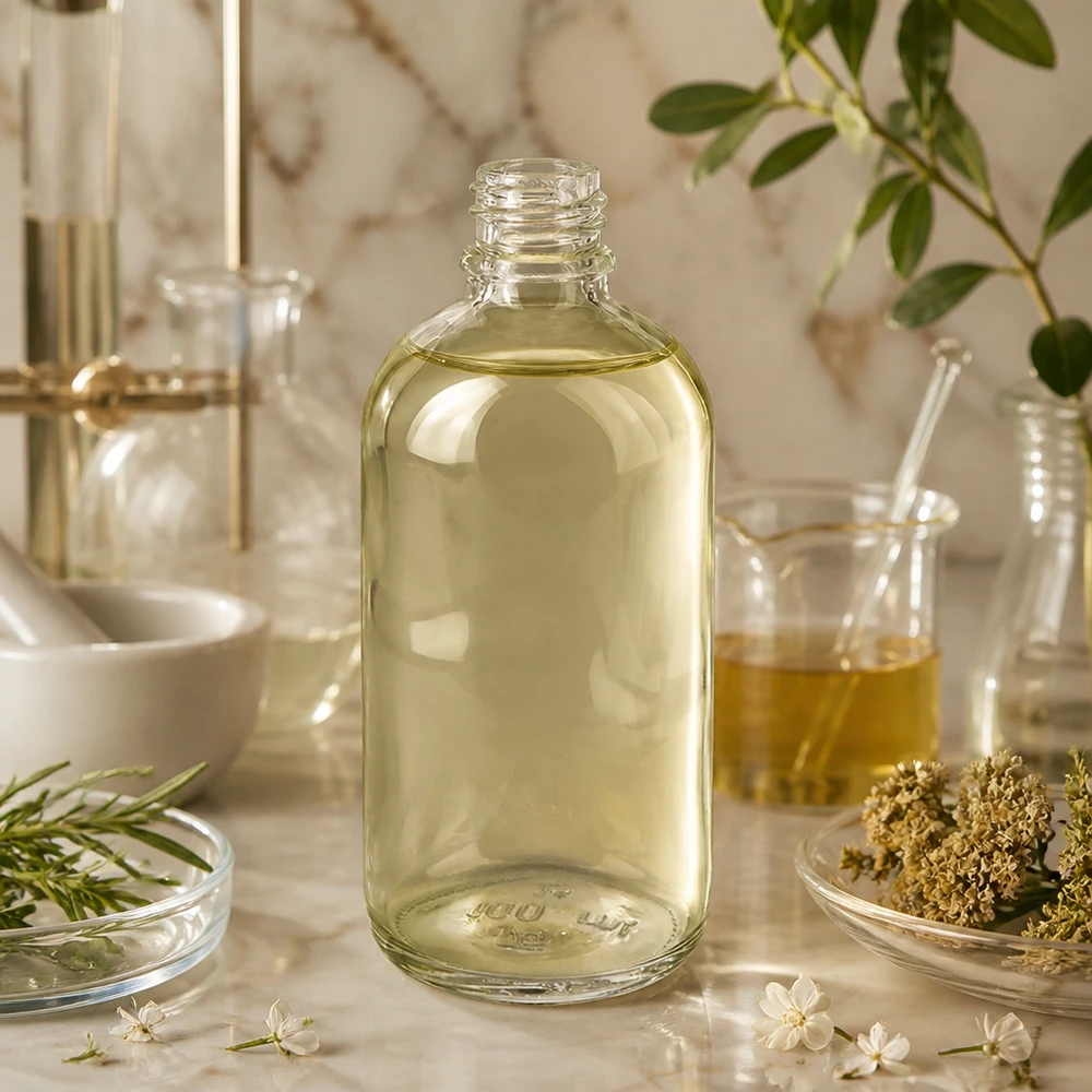 Frasco de farmacia ClearLine de 100 ml con un aceite amarillento, entre hierbas y material de laboratorio de cristal sobre mármol