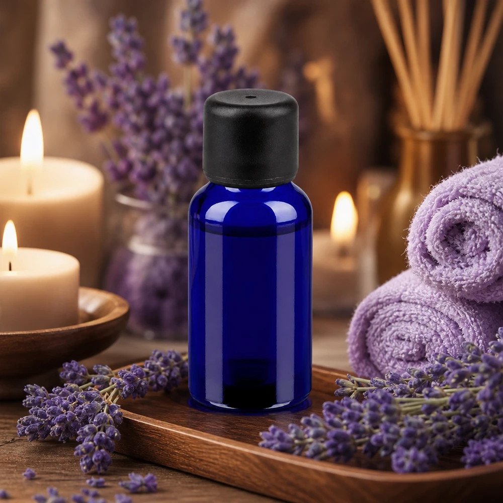 Frasco compacto de vidrio violeta de 20 ml con tapón SV de 6 mm para aplicaciones de aromaterapia y bienestar