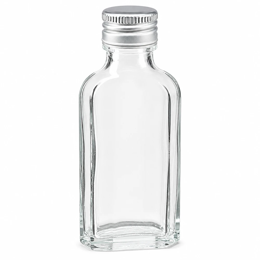 Frasco de cristal Meplat transparente de 50 ml con tapón de aluminio plateado PP22 para bebidas espirituosas y licores