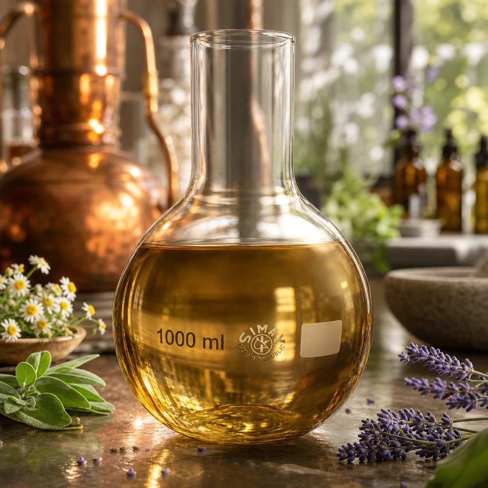 Frasco de laboratorio de 1000 ml con contenido de oro y cuello ancho para análisis químicos