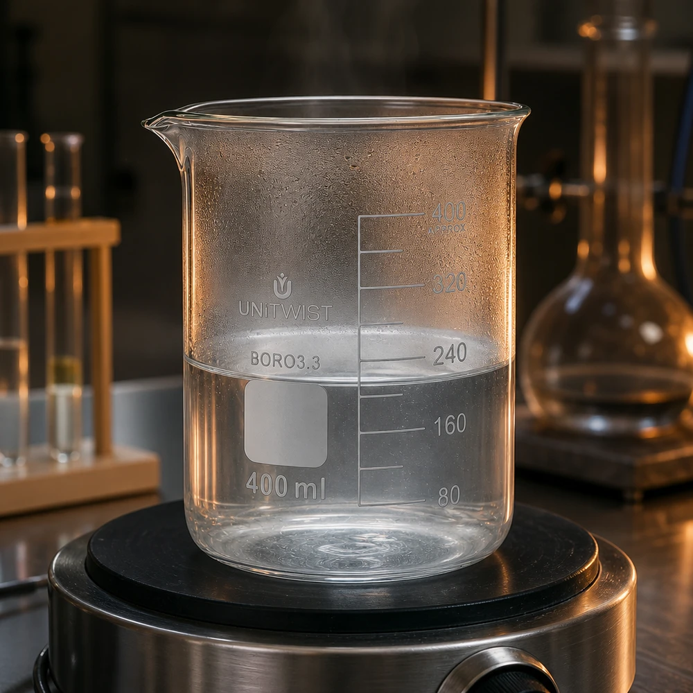 Vaso de precipitados transparente de 400 ml, de forma baja, sobre un agitador magnético con un líquido transparente en el laboratorio
