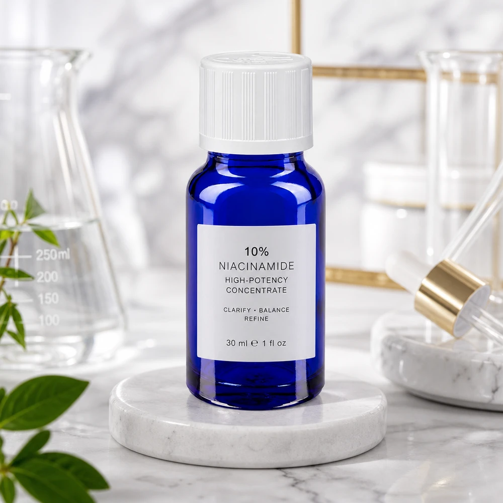 Frasco cuentagotas azul de 10 ml de cristal de farmacia con tapón de seguridad para niños de color blanco, para el sérum de niacinamida