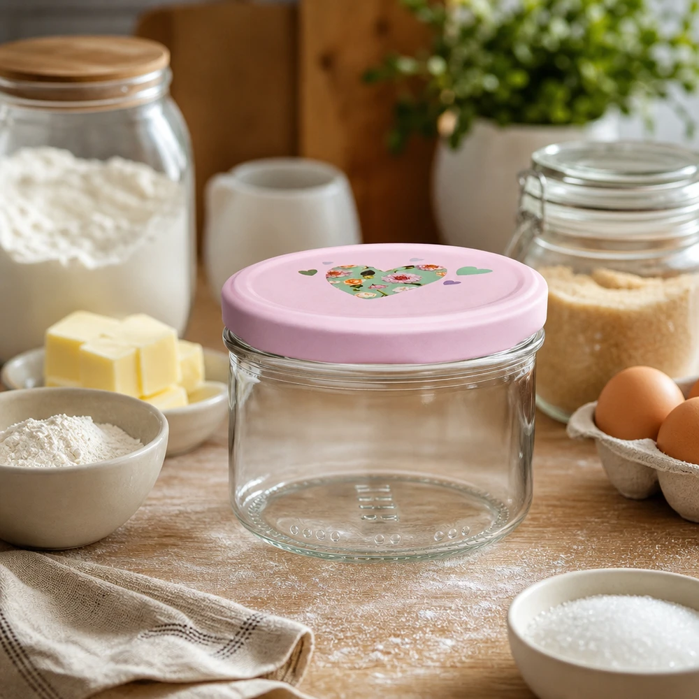tarro cilíndrico de 230 ml + tapa BasicSeal rosa corazón Tarro cilíndrico vacío de 230 ml con tapa rosa en forma de corazón en una acogedora cocina entre ingredientes de repostería y tarros de almacenaje