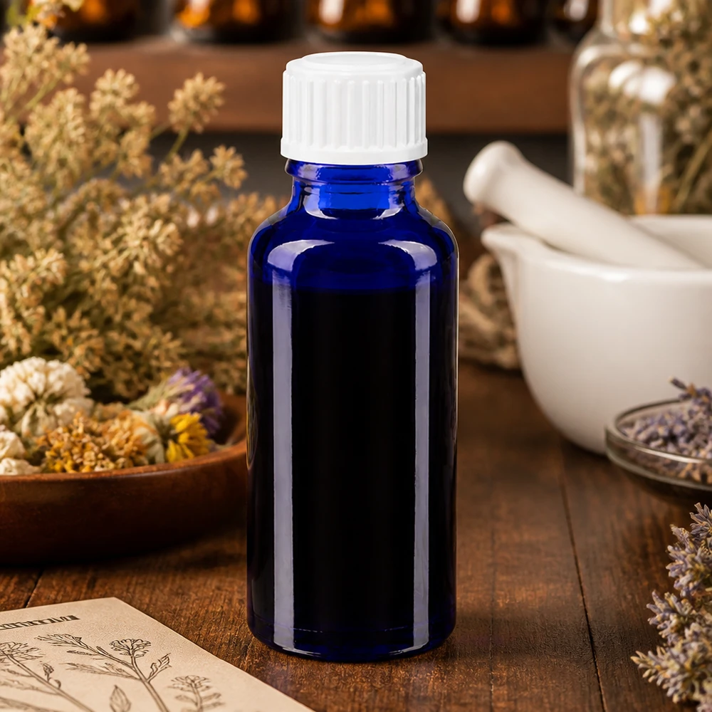 Botella de farmacia azul 30ml tapón rosca glóbulos blanco estándar Frasco de cristal azul de 30 ml con tapón de rosca blanco a prueba de niños para hierbas medicinales secas