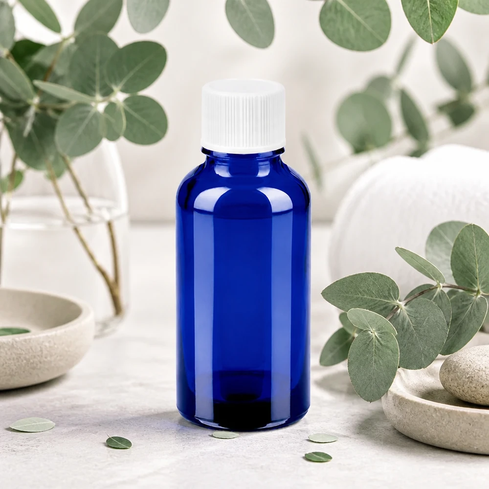 Botella 30ml 11mm tapón rosca blanco Estándar BlueLine UT18/30 Pequeño frasco de vidrio de 30 ml de elegante color azul para dosificar con precisión tinturas y esencias