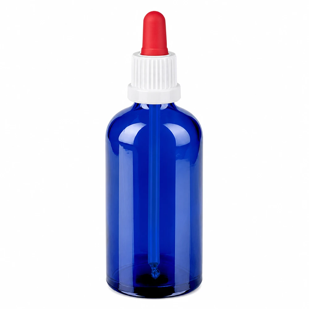 Frasco pipeta 100ml negro blanco/rojo cierre inviolable BlueLine UT18/100 Frasco pipeta azul de 100 ml de vidrio con tapón blanco y cuentagotas rojo para una dosificación precisa