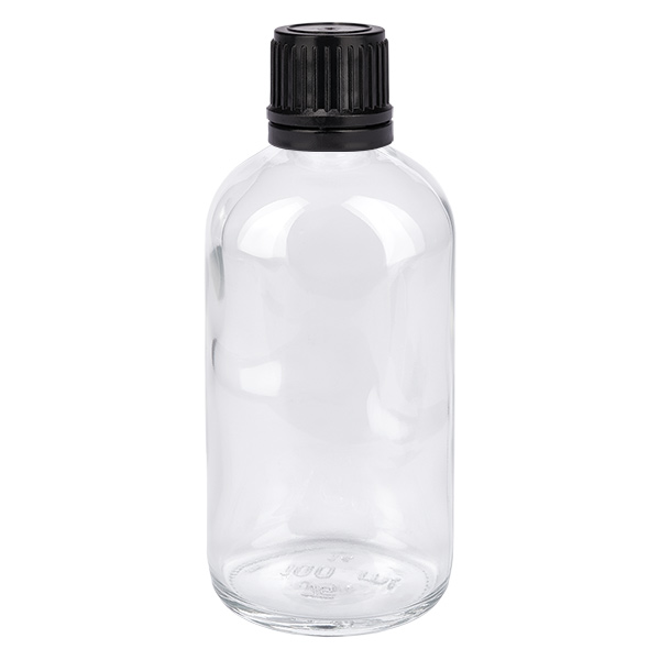 Botella de 100ml (Globul)Flas. 3mm GR s. STD ClearLine UT18/1 Frasco de cristal transparente de 100 ml con tapón de rosca negro para glóbulos homeopáticos y productos homeopáticos