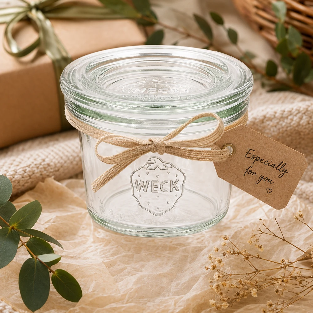 Vasos WECK RR40 de 35 ml de regalo decorados con un lazo y una etiqueta en un ambiente natural con plantas