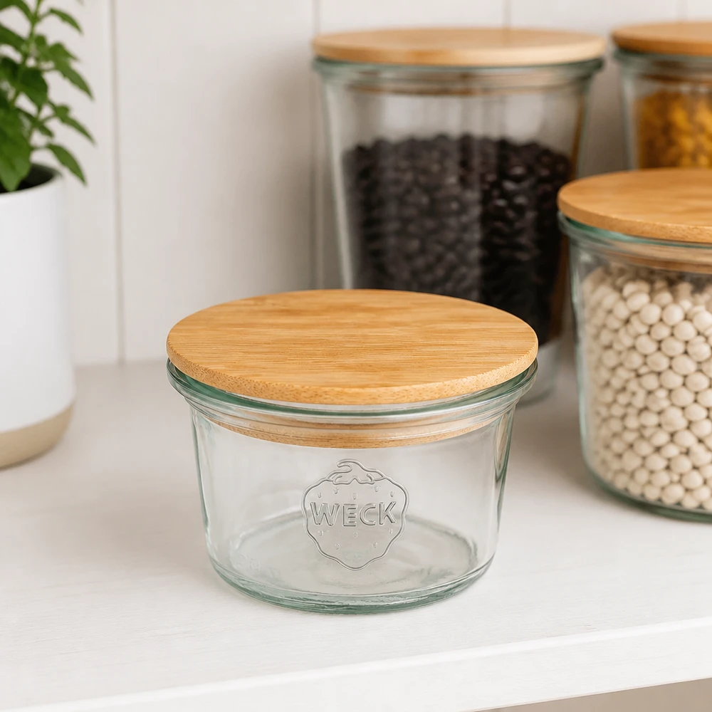 WECK mini mason jar 35ml RR40 con tapa de madera de bambú en una cocina moderna junto a tarros de almacenamiento con alubias y lentejas