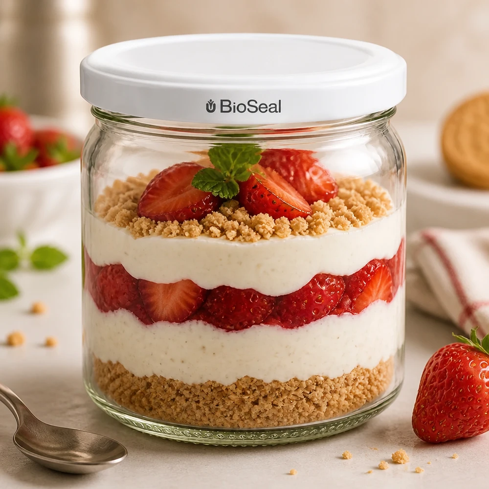 Tarro redondo de 408ml con tapa blanca BioSeal UNiTWIST UNiTWIST Runda408 como tarro de postre con fresas y nata - postres creativos en capas en un tarro de almacenamiento BioSeal