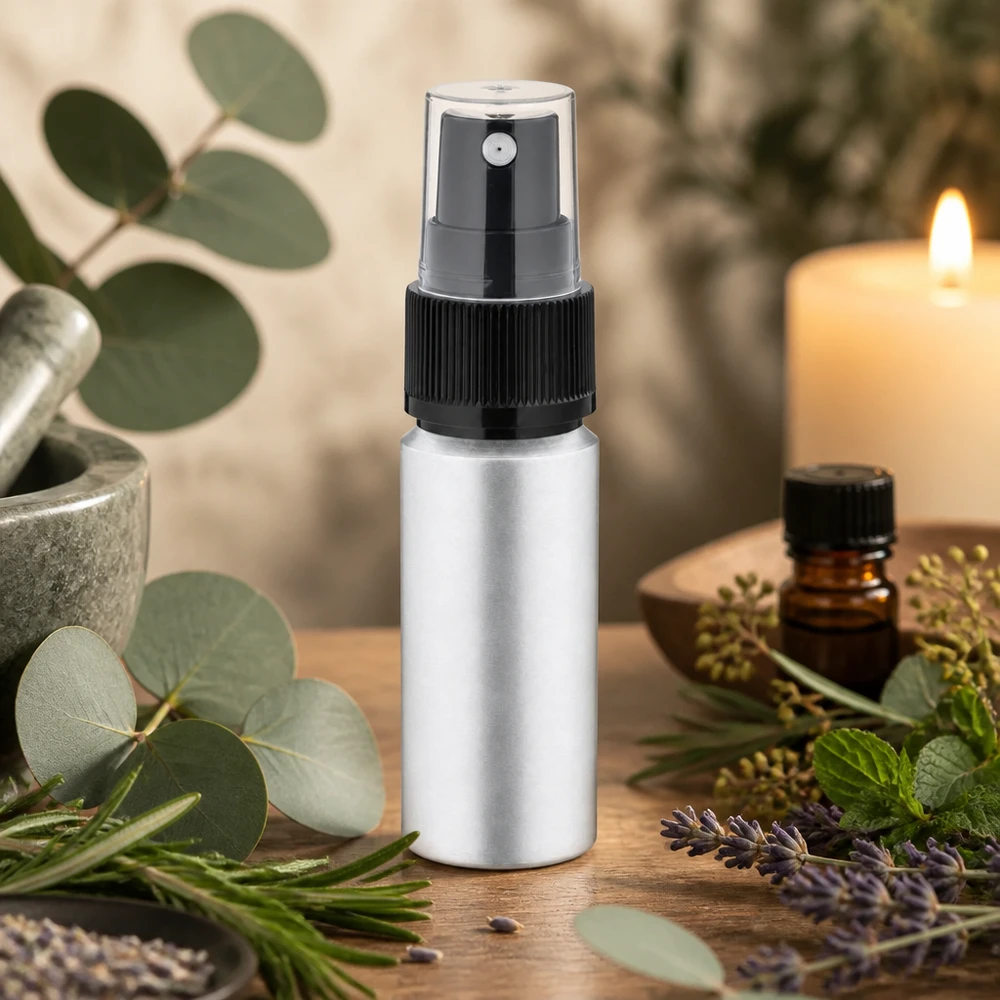 Frasco de aluminio teñido de 20ml con atomizador Frasco de aluminio plateado de 20 ml con práctico pulverizador ideal para cosmética y aromaterapia de bricolaje
