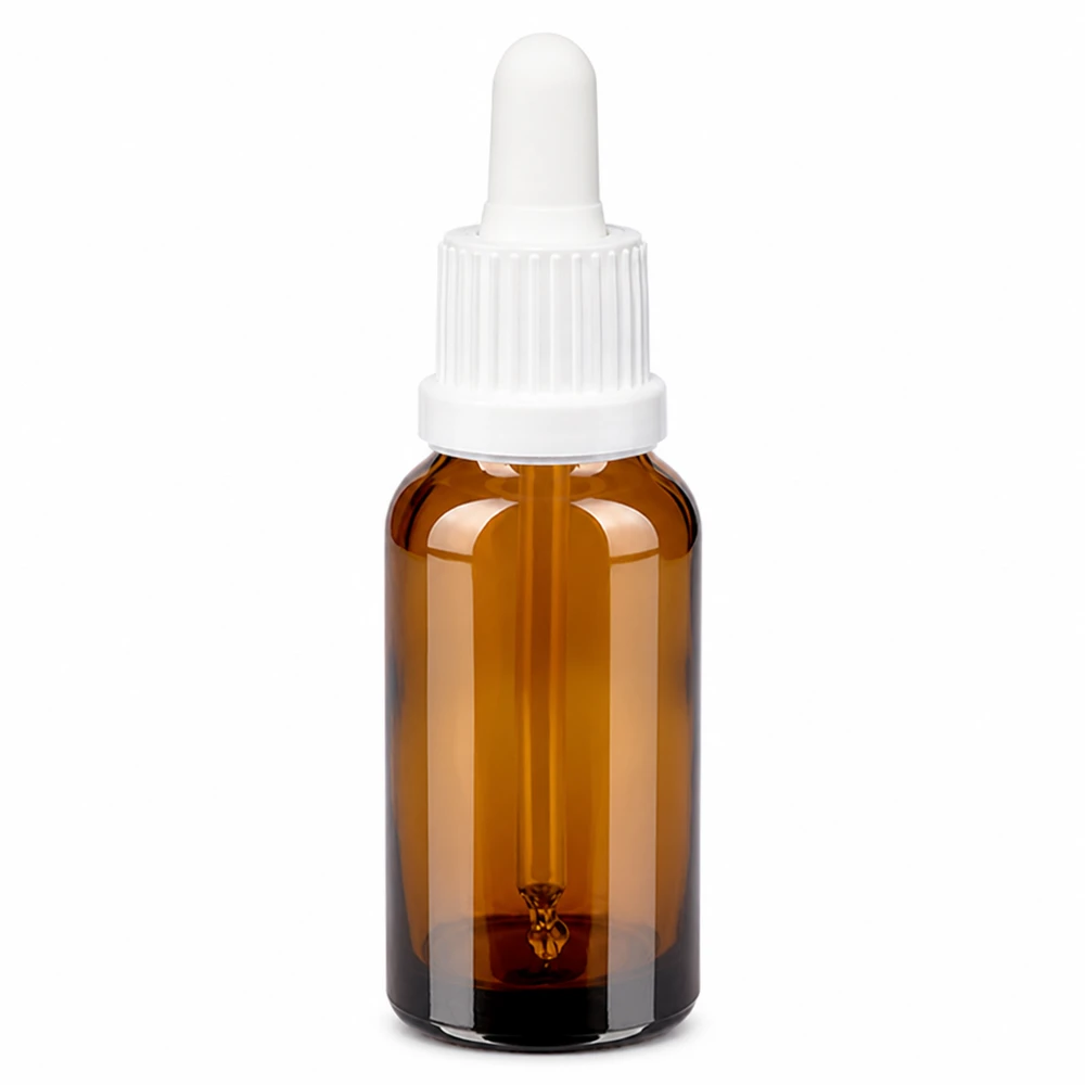 Frasco pipeta de 20 ml de vidrio ámbar con tapón cuentagotas blanco para una dosificación precisa
