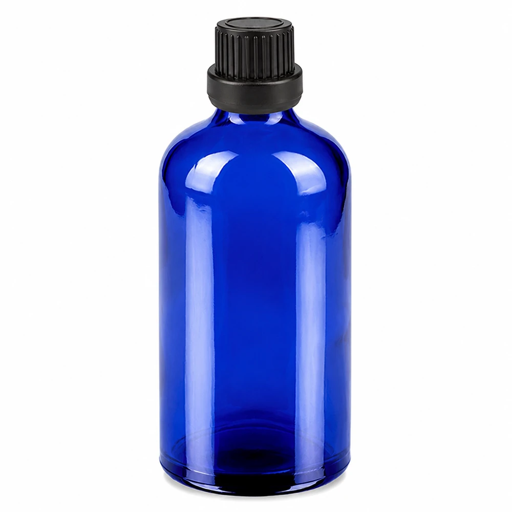 Frasco cuentagotas de 100ml. 2mm tapón inviolable negro BlueLine UT18/100 Frasco de vidrio azul de 100 ml con tapón cuentagotas negro de 2 mm para cosméticos y aceites esenciales