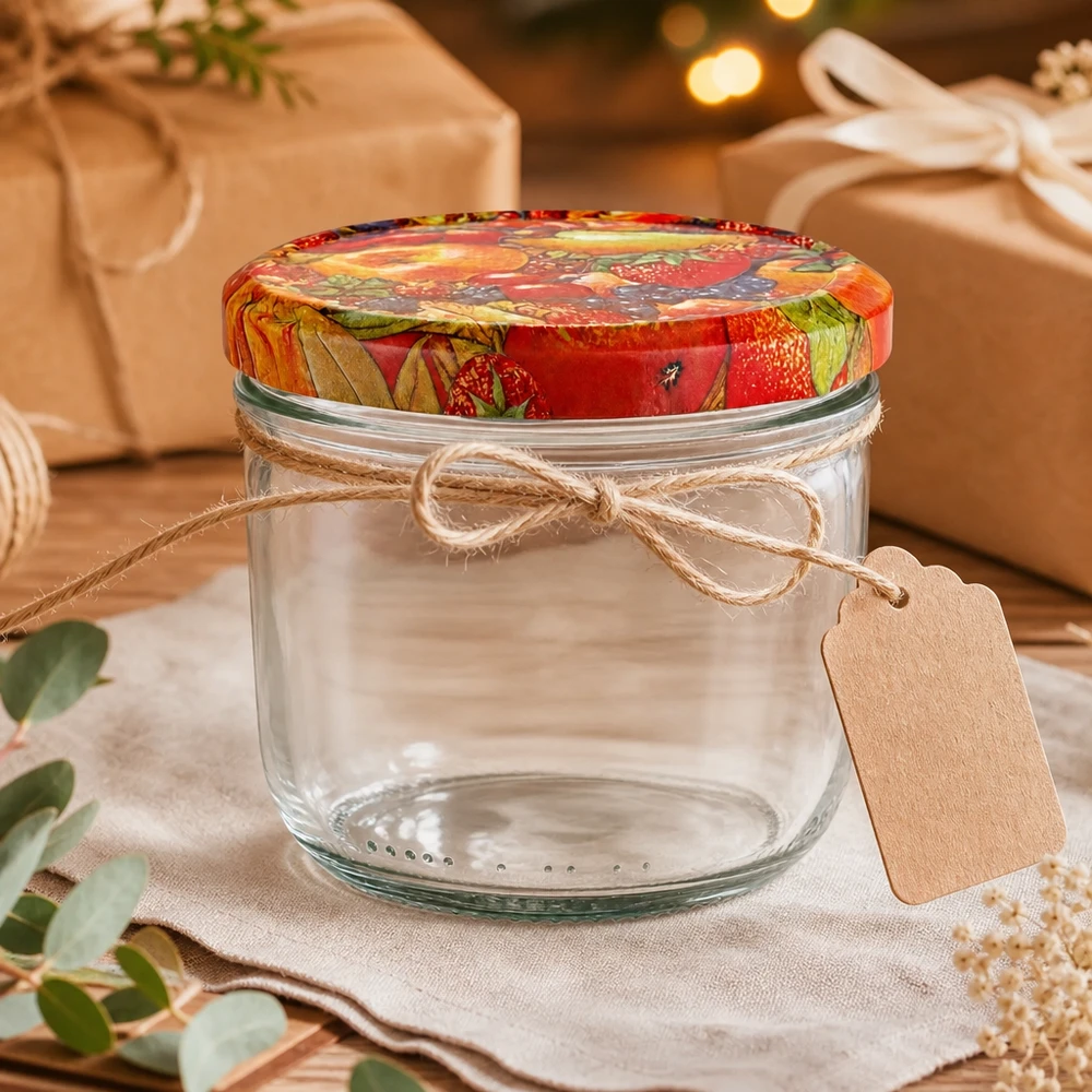 Vasos de 230 ml con tapa BasicSeal decorada con fruta de regalo decorados con lazo y etiqueta