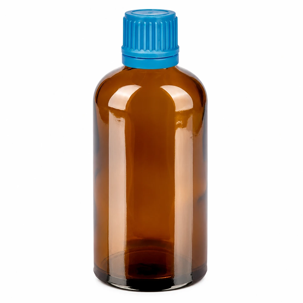 Frasco de vidrio ámbar de 100 ml con tapón de rosca azul para aplicaciones de laboratorio y medicamentos