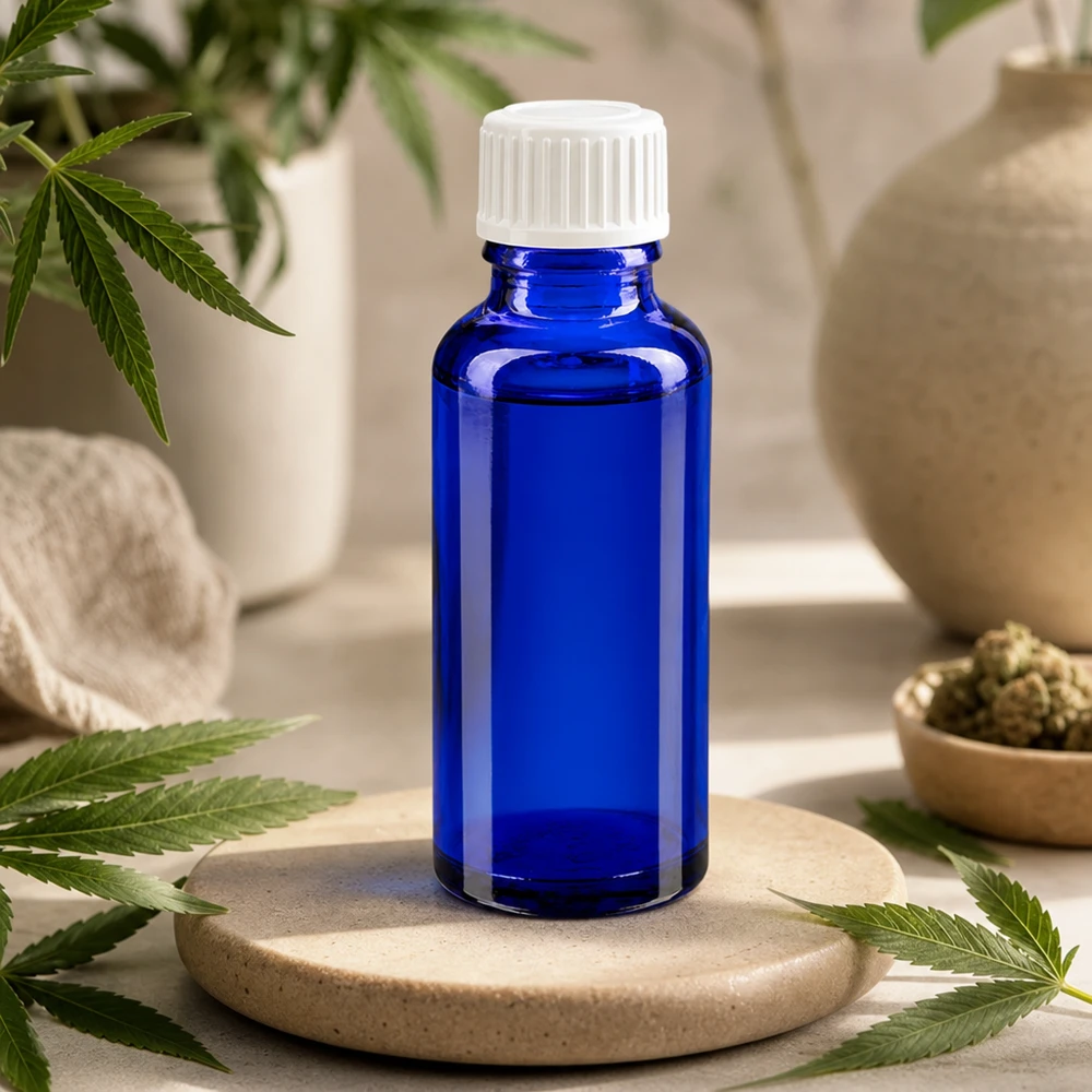 Botella de farmacia azul 30ml tapón rosca glóbulos blanco estándar Pequeña botella de cristal azul de 30 ml con tapón blanco sobre una piedra natural, entre plantas de cannabis