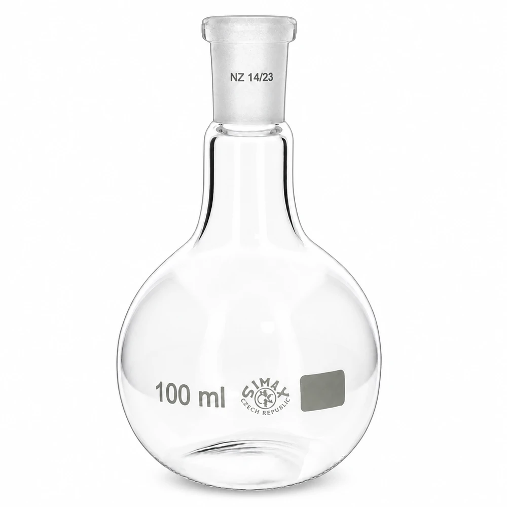 Matraz Erlenmeyer 100ml con junta esmerilada estándar (14/23) Matraz redondo de vidrio de 100 ml con cuello estrecho y junta esmerilada estándar 14/23 para trabajos precisos de laboratorio