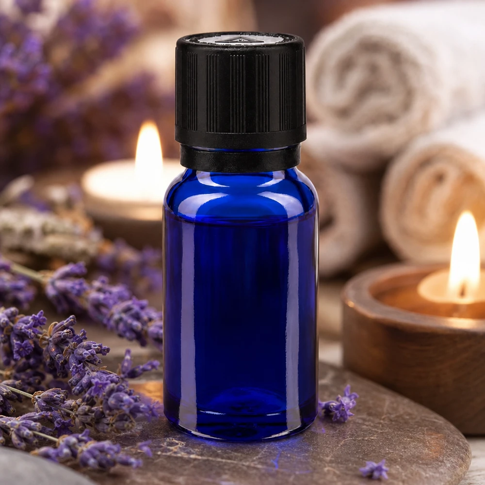 Frasco de cristal azul de 10 ml con gotero, entre flores de lavanda y velas, en un ambiente de spa
