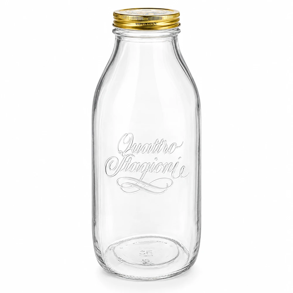 Frasco de cristal de 1000ml "Quattro Stagioni" con tapa Botella de cristal de 1000 ml Quattro Stagioni con tapón de rosca dorado, transparente con elegante inscripción, diseño de botella de leche