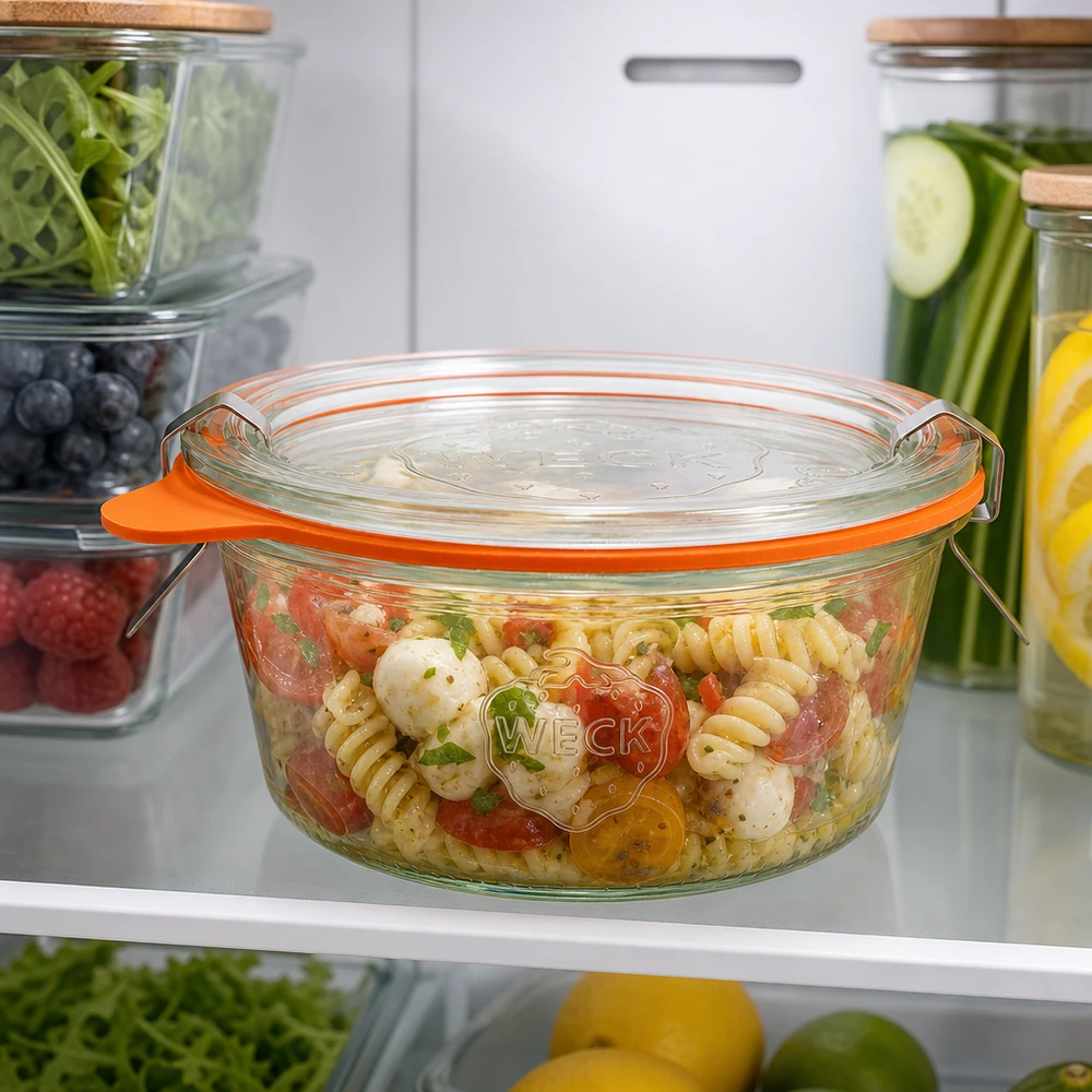 WECK vasos 290ml RR100 con ensalada de pasta en la nevera muestran el almacenamiento de alimentos prácticos