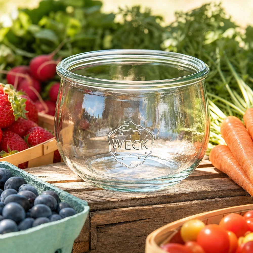 Tarro de cristal con boca de tulipán WECK RR100 de 580 ml Tarro tulipán WECK 580ml Tarro de cristal RR100 con logotipo rodeado de frutas y verduras frescas sobre una mesa de madera