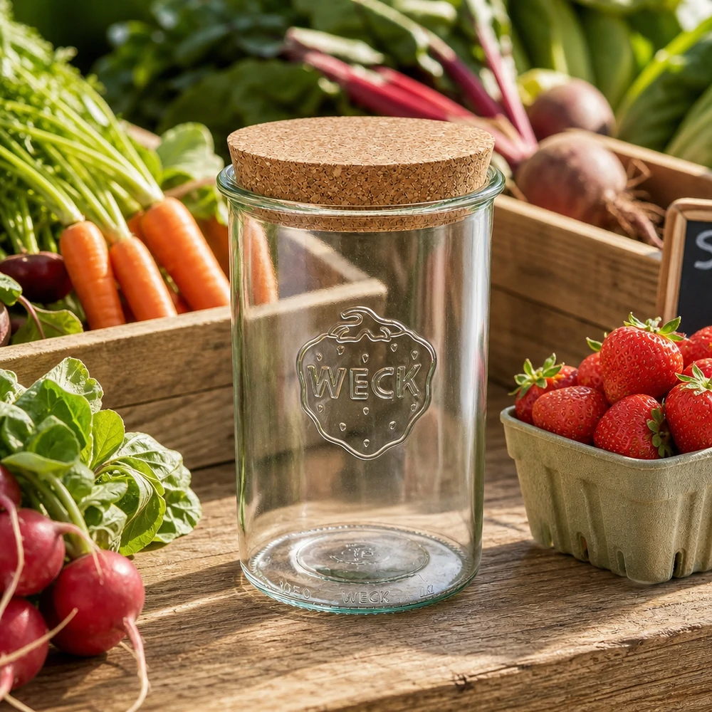 Vasos de 1000ml WECK RR100 con corcho natural WECK Sturzglas 1000ml RR100 mit Korken zwischen frischem Gemüse und Erdbeeren natürliche Küchenszene Vorratsglas