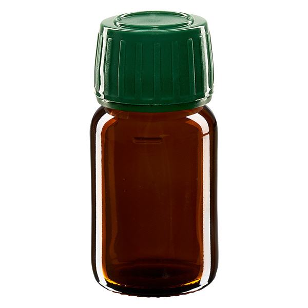 Frasco medicamento 30ml marrón, tapón verde con precinto ApoGlas Frasco medicamento 30ml marrón, tapón verde con precinto ApoGlas