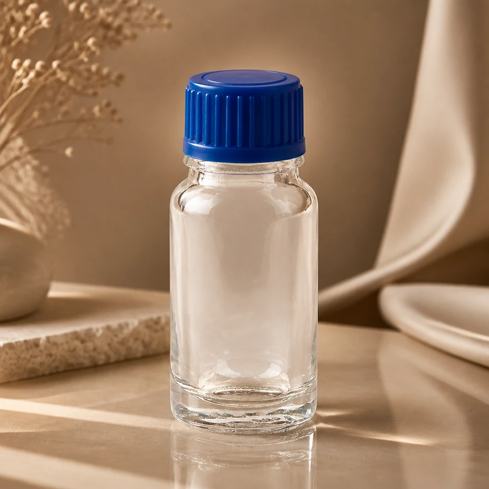 Serie de frascos de vidrio transparente ClearLine UT18/10 de 10 ml con tapón estándar azul de 11 mm: vista lateral