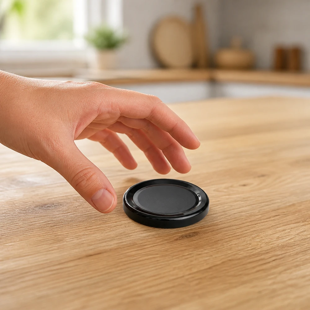 Tapa BasicSeal de 66 mm, negra (TO66deep) UNiTWIST La tapa BasicSeal negra de 66 mm, modelo TO66deep UNiTWIST, descansa sobre una mesa de madera en la cocina.