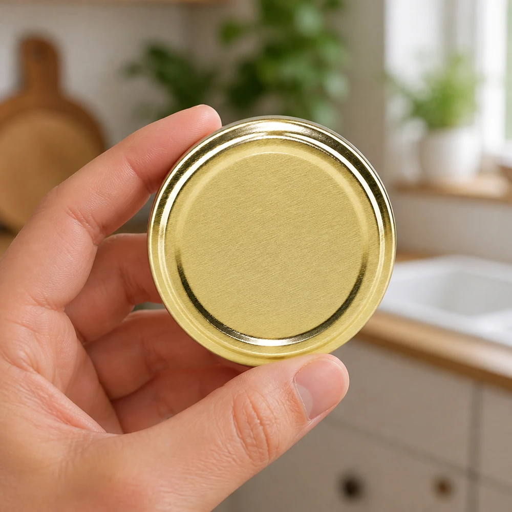 UNiTWIST TO43 dorado, BioSeal, sin BPA, unitemp Tapa metálica dorada TO43 en la mano, fondo de cocina, BioSeal, sin BPA, unitemp