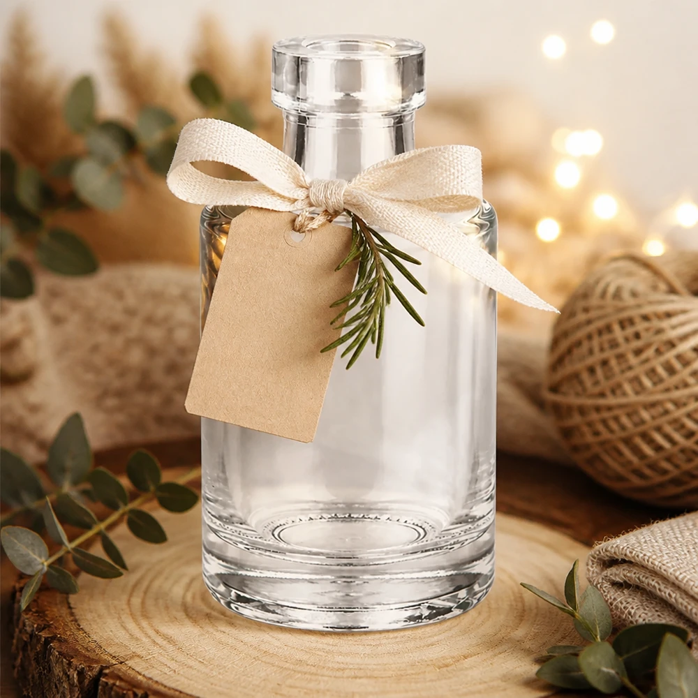 Botella de vidrio de 100 ml «Marie» sin tapón UNiTWIST® Botella de cristal de 100 ml Marie decorativa con colgante de cinta de regalo y romero en un ambiente acogedor con luces de hadas