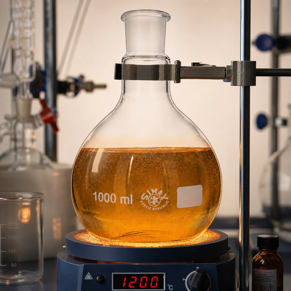 Matraz caliente 1000ml sobre placa calefactora a 120°C con solución de color naranja y junta esmerilada estándar 29/32