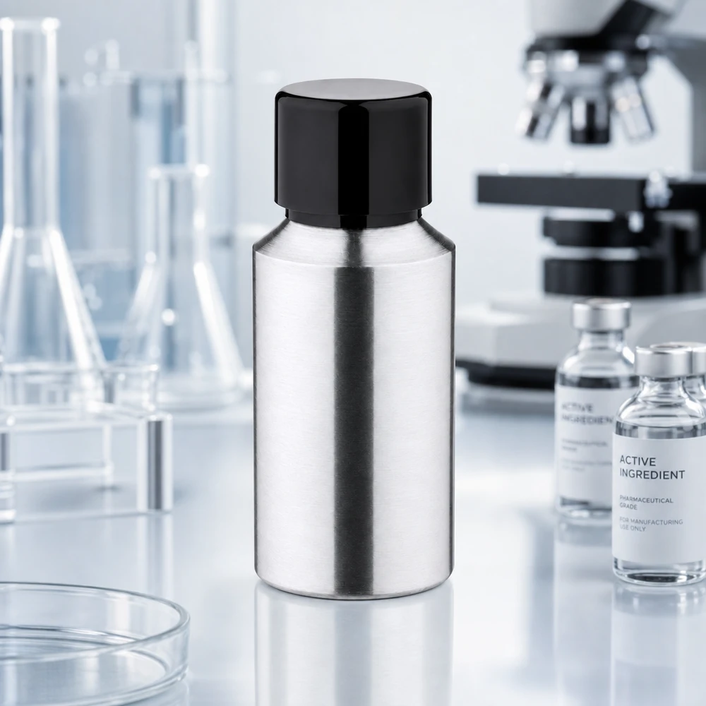 Frasco de aluminio pulido de 30 ml con tapón negro ideal para aplicaciones profesionales de laboratorio