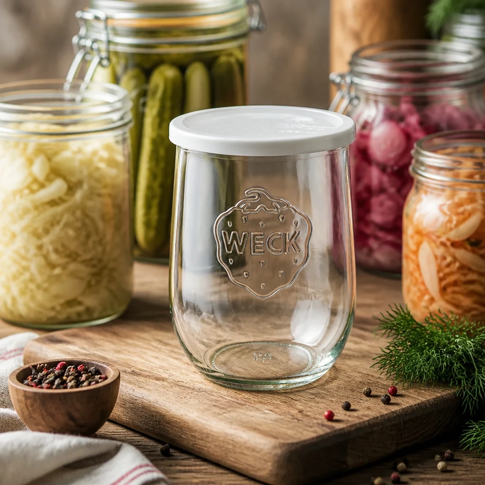 1062ml tarro tulipán con tapa de frescura WECK RR100 WECK tarro tulipán 1062ml RR100 vacío con tapa blanca sobre tabla de madera rodeado de tarros de conserva llenos de verduras y especias