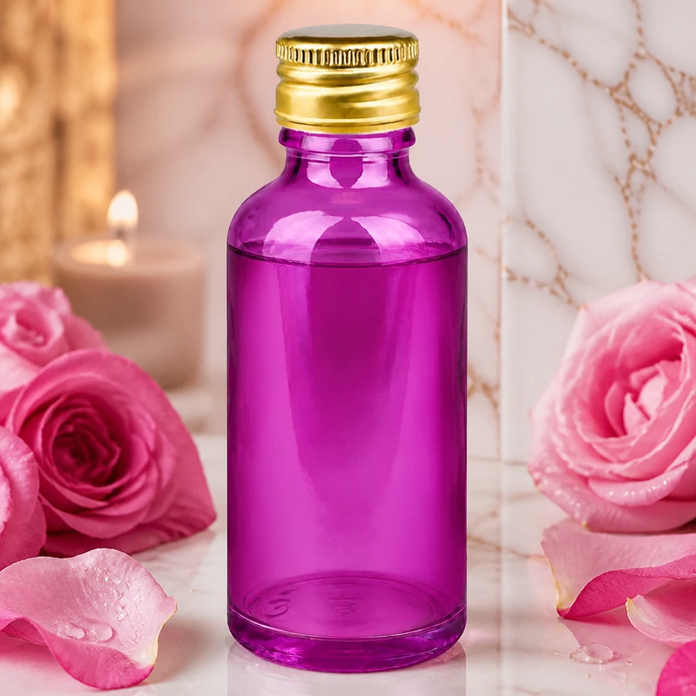 Frasco de 50 ml con tapón de rosca de 11 mm de aluminio estándar dorado PurpleLine. UT18/50 Frasco de vidrio de 50 ml de alta calidad en color morado con tapón de aluminio dorado para productos cosméticos profesionales