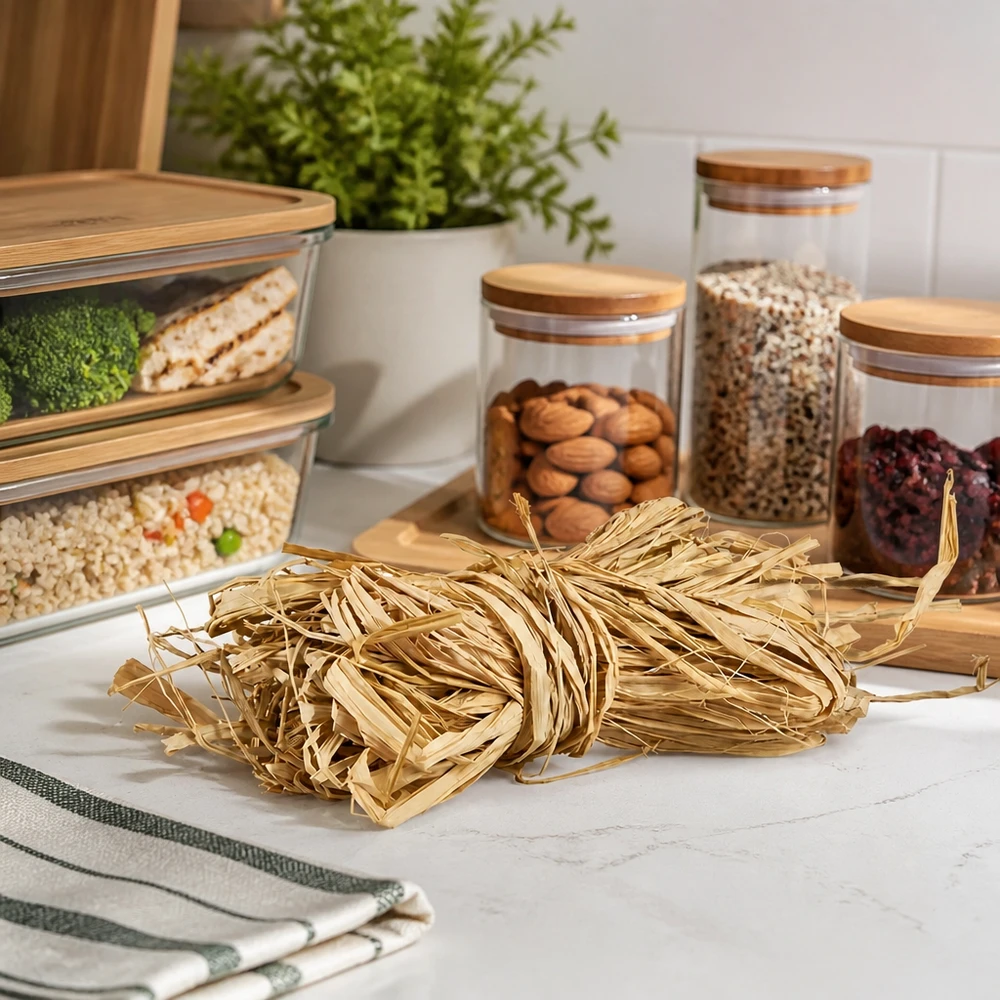 Cordel natural para decorar, 30 g La rafia natural 30g beige dorado sobre encimera de cocina con tarros de almacenaje muestra ideas prácticas de organización y decoración de cocinas