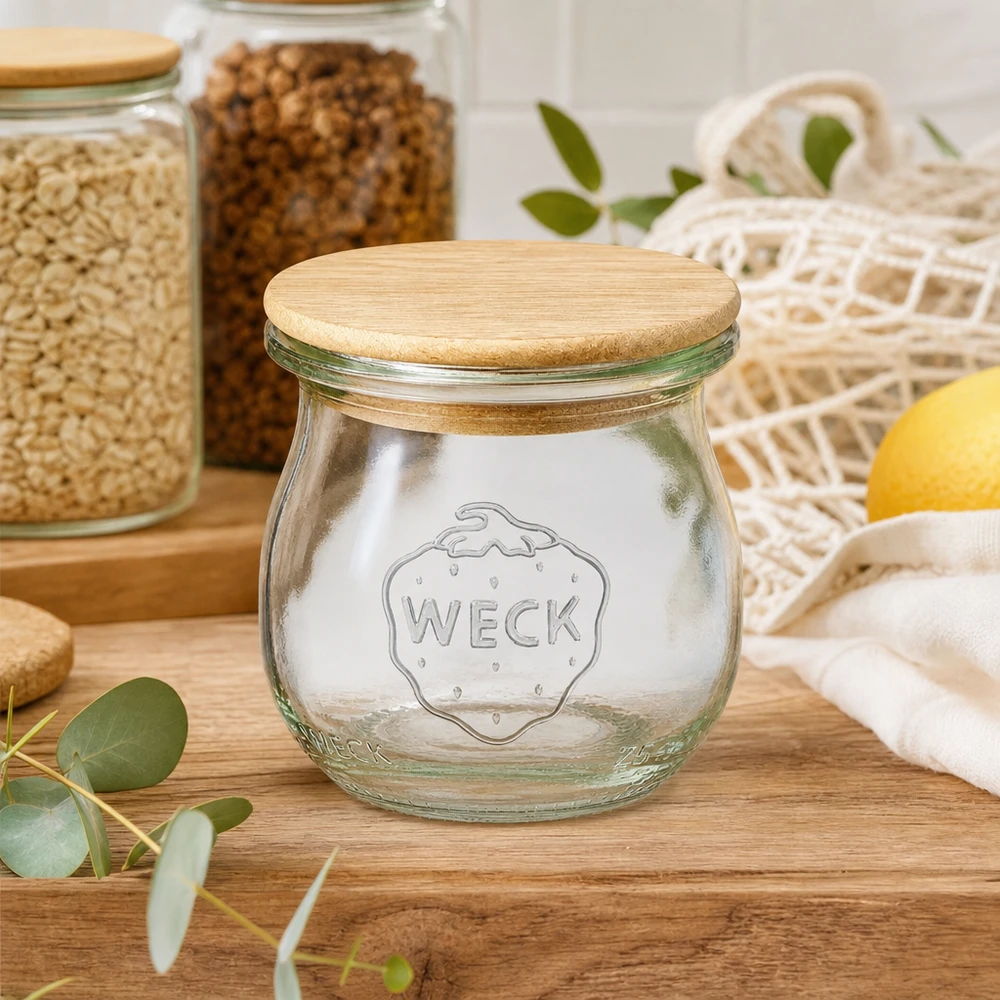 WECK tarro tulipán 75ml RR40 vacío con tapa de madera en cocina sostenible entre tarros de almacenaje y redes de compra