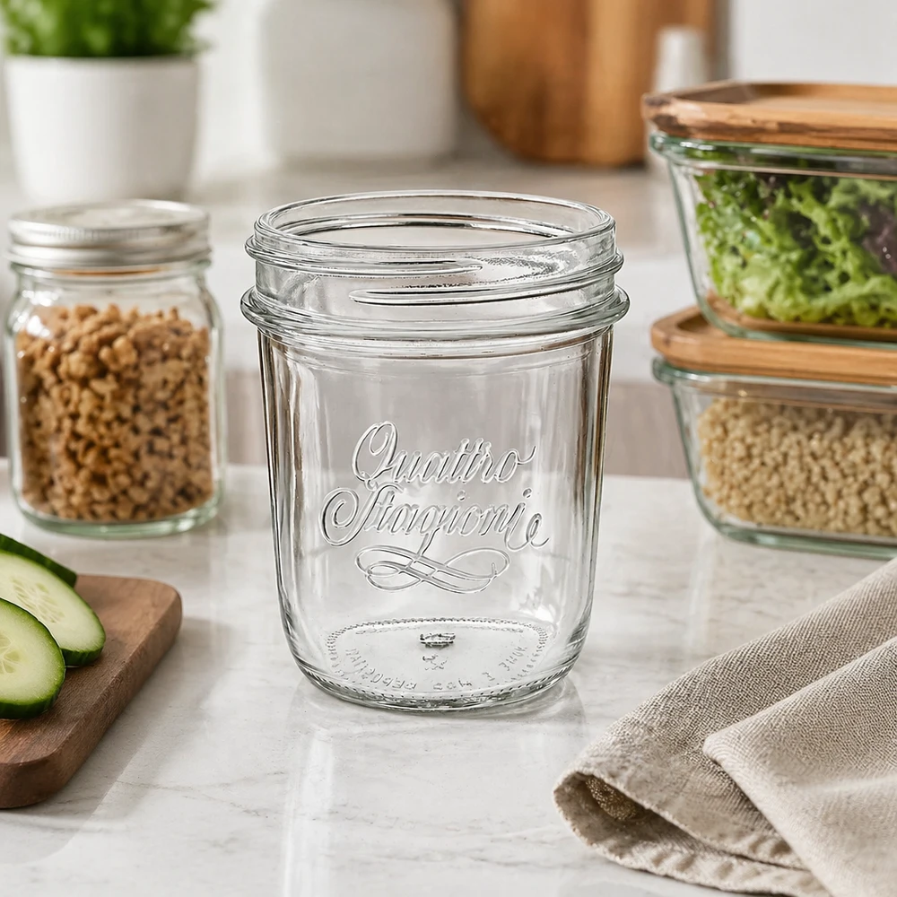 Vaso "Quattro Stagioni" 320ml QS86mm Quattro Stagioni Sturzglas 320ml auf Küchentheke mit Lebensmitteln - elegantes Einmachglas für Vorratshaltung