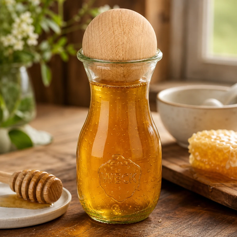Botella para zumo de 290 ml WECK RR60 con bola de madera de haya Botella de zumo WECK 290ml rellena de miel y bola de madera de haya, decorada con panal y cuchara de miel