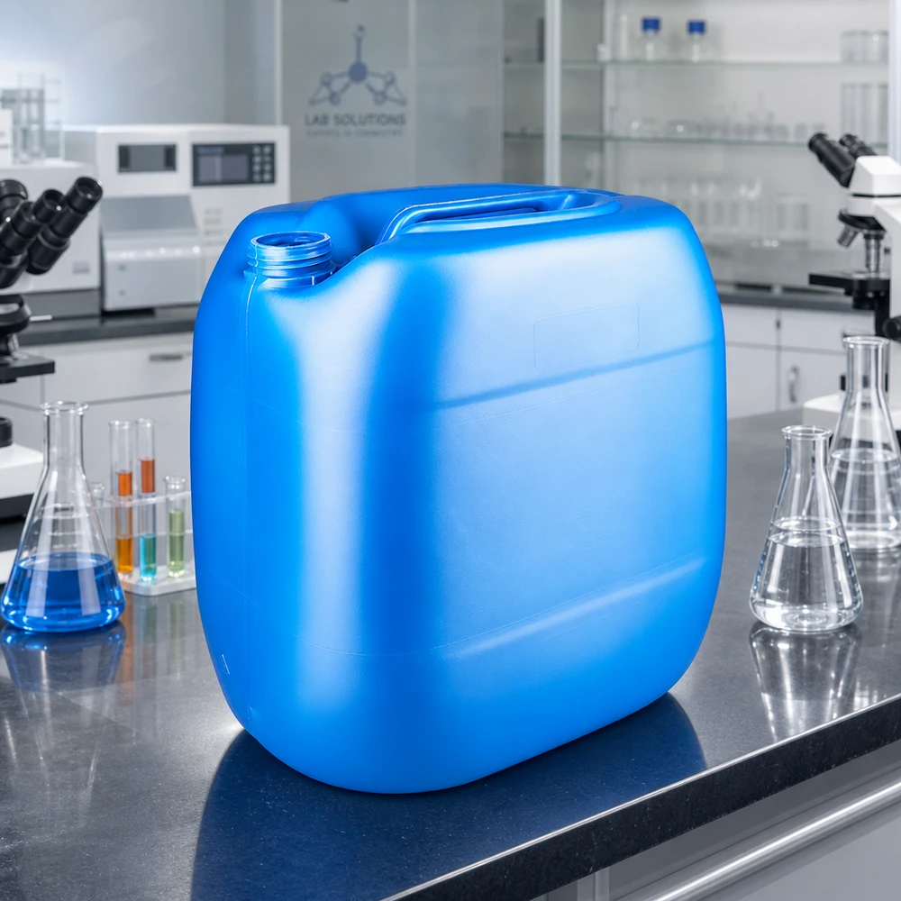 Bidón rectangular azul de 30 litros sin tapón sobre una mesa de laboratorio con un matraz de Erlenmeyer